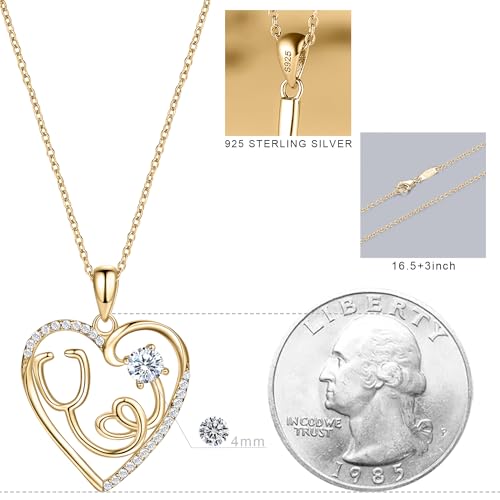 AmorAime 925 Sterling Silver Heart Necklace 14K Gold or Rose Gold Nurse Birthstone Necklace Stethoscope Necklaces for Doctor Medical Student RN for Festival or Holiday2