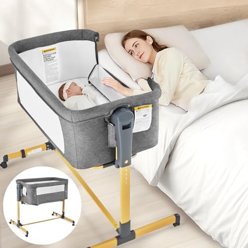 Image of 3 in 1 Baby Bassinet Bedside Sleeper with Comfy Mattress and Wheels 6 Height Adjustable Rocking Bassinet Easy to Assemble Baby Crib for Newborn Infant
