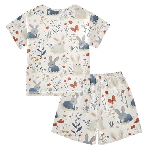 ALAZA Bunny Rabbit Flower Blossom Leaf Pajamas Set Short Sleeve Cotton Sleepwear Summer Pjs 2 Piece 5-14Y2