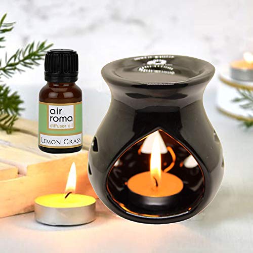 AIR-ROMA Air Roma Ceramic Aroma Black Diffuser Burner With 10Ml Lemon Grass Oil & 2 Pcs Candles | Strong & Long-Lasting Aroma - Fragrance