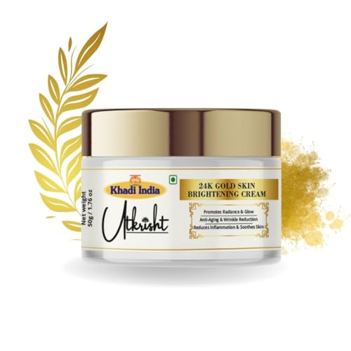 Image of Khadi India Utkrisht 24K Gold Skin Brightening Cream, Anti Aging Moisturizer with Hyaluronic Acid and Collagen, Firming Day and Night Cream for Women, 50g