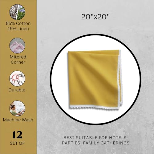 Image of FINGERCRAFT Lace Trim Cloth Napkins Set of 12, 20x20 Inch Cotton Linen Blend Dinner Napkins, Reusable Washable Table Napkins for Wedding, Farmhouse Dining, Parties & Home Decor (Gold)