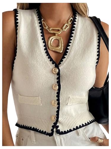 SOLY HUX Women's Button Down V Neck Crop Sweater Vest Sleeveless Fitted Knit Tank Top