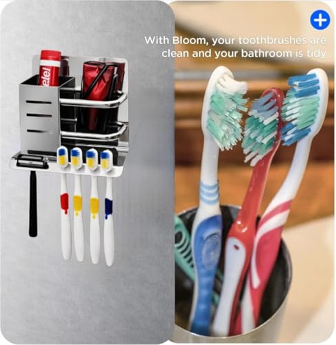 Image of Wall Mounted Toothbrush Holder Organizer, Stainless Steel Bathroom Tumbler & Toothpaste Stand, 4 Brush Slots, Mirror Finish, Rustproof Storage Rack (15 x 13.5 x 11 cm, Silver)