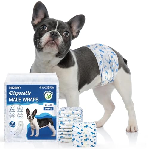 Image of MICOOYO Dog Diapers Male Disposable Super Absorbent Male Dog Wraps Lighter Dogs Diaper Leakproof Puppy Diapers Doggie Diaper with Wetness Indicator (S, 50Counts)