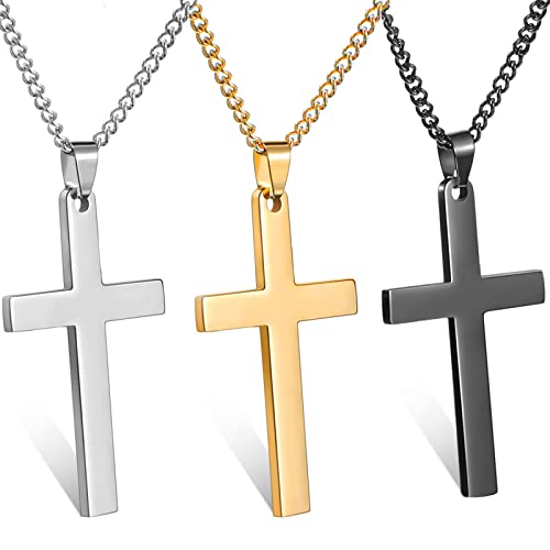 Momeski 3 Pièces Collier Croix Homme Or Chaine Pendentif Croix Acier Inoxydable Bijoux Croix en Acier Inoxydable Chaîne à Maillons Faite à la Main Chaîne pour Cadeau D'anniversaire (Or, Argent, Noir) Cover