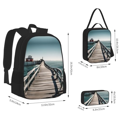 Coastal Pier 3-Piece Set Backpack, Lunch Bag, And Pencil Case, Casual Cute Sets For Travel And College4