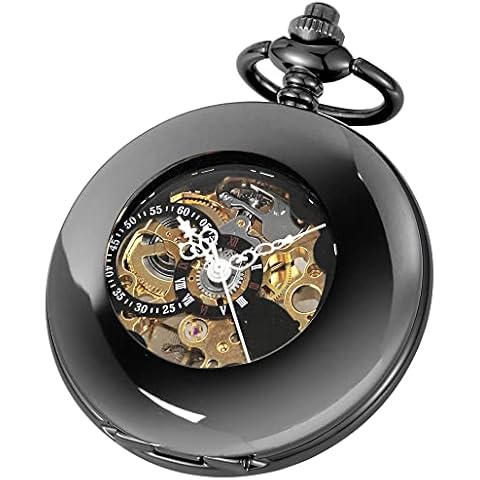 Tiong Men's Vintage Smooth Steel Mechanical Pocket Watch Steampunk Skeleton Black Pocket Watches with Chain Birthday Christmas Gift Cover