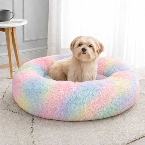 Image of ZEXSAZONE Summer Rainbow Plush Dog Bed - Anti-Anxiety Round Donut Pet Bed with Raised Edges | Soft Faux Fur Calming Bed for Puppies, Cats & Small Dogs | Machine Washable