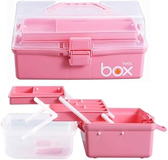 12'' Three-Layer Clear Plastic Storage Box/Tool Box, Multipurpose Organizer and Portable Handled Storage Case for Art Craft and Cosmetic (Pink)