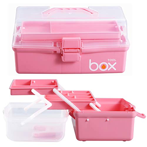 Kinsorcai Rectangular 12' Inch Three-Layer Clear Plastic Storage Box (Pink, Large)