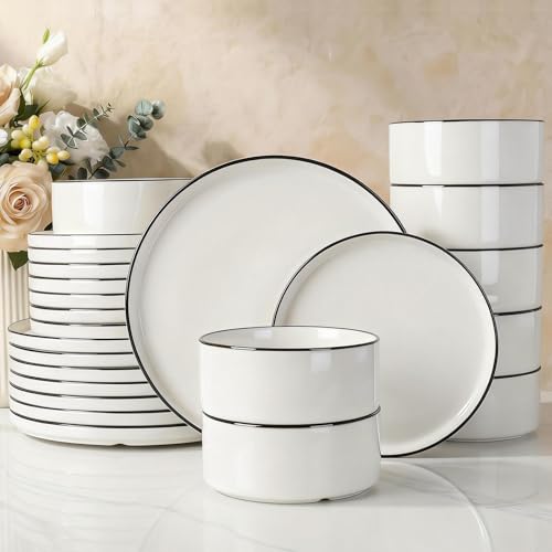 Image of Famiware Porcelain Dinnerware Set, 24-Piece Modern Plate and Bowl Set, dish set for 8, Microwave and Dishwasher Safe Tableware, White with Black Trim