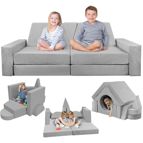 YEFU 15pcs Modular Kids Play Couch, Kids Couch for Toddler & Children, Toddler couches, Kid Couches Fort Building kit for Playroom Furniture, Kid Play Couches, Convertible Sofa for Boys & Girls, Grey