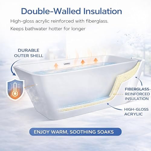 Image of 66 inch Acrylic Freestanding Soaking Tub, Contemporary Design Bathtub, Chrome Overflow & Drain, Easy Installation for Modern Bathroom, White