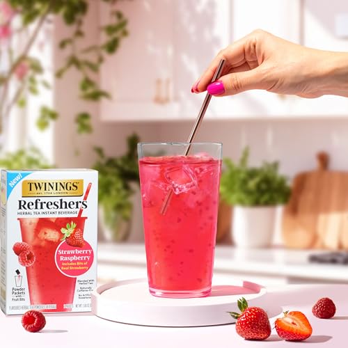 Image of NEW Twinings Strawberry Raspberry Refreshers, Herbal Tea Instant Beverage with Real Strawberry Fruit Bits, 5 Count (Pack of 2), Cafe Style, No Artificial Sweeteners, Naturally Caffeine-Free, 5 Packets