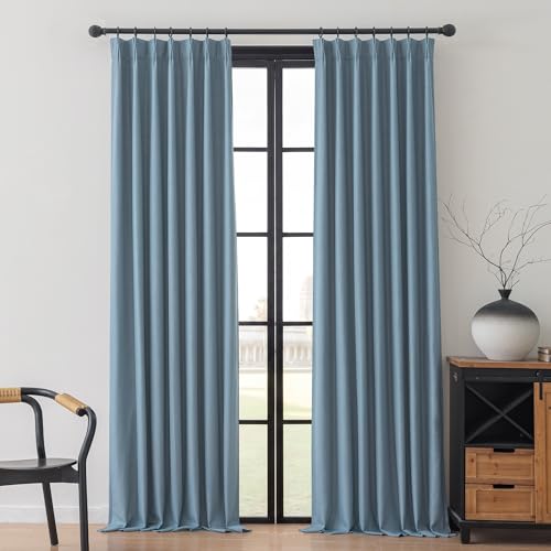 Image of MYSKY HOME Dusty Blue Pinch Pleated Full Black Out Curtains 102 inches Long for Bedroom Living Room Linen Textured Room Darkening Blue Grey Window Drapes, 40 inch Wide per Panel, 2 Pcs