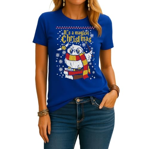 Magic Christmas Harry Hedwig Potter | Ugly Christmas Sweater Weihnachten Sweatshirt Damen T-Shirt, Blau, 3XL