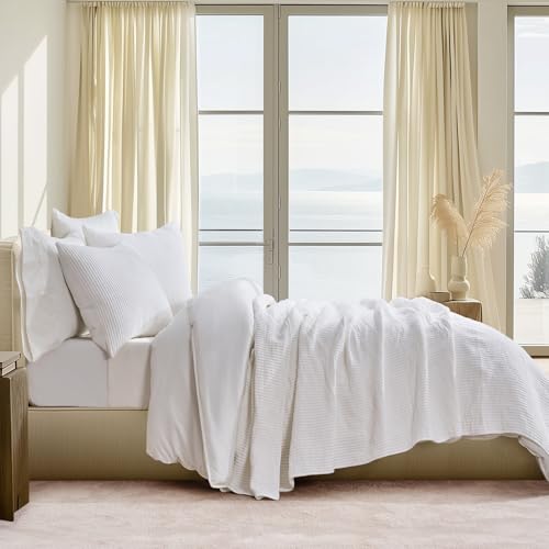 Image of EVERGRACEHOME Cotton Coverlet Set Full Queen Size 3 Pieces, Lightweight Soft Ribbed Matelasse Bedspread Quilt Set, Cozy Oversized Quilted Bedding Set with 2 Pillow Shams for All Seasons, Ivory White