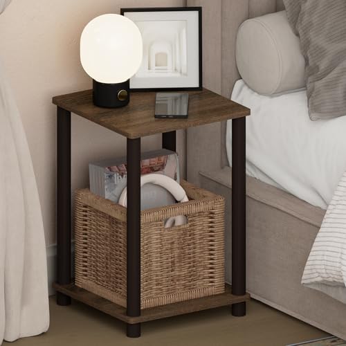 Image of Furinno Turn-N-Tube Night Stand, 2-Tier Open Shelf Design Nightstand, Toolless Square Bedside Table, End Table, Side Table, for Bedroom, Closet, Dorm, Walnut