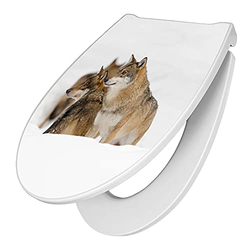 banjado Premium Toilettendeckel mit Absenkautomatik 45x38,4cm / WC Brille Soft Close/hygienischer Toilettendeckel/Klodeckel Duroplast mit Edelstahl Scharnier/Motiv Wölfe