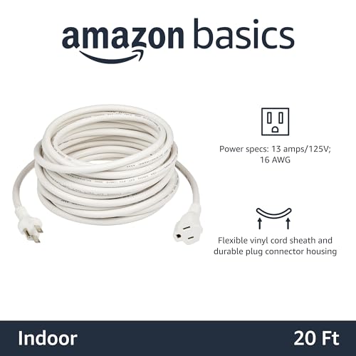 Image of Amazon Basics Extension Cord, 20 Ft, 3 Prong Outlet Extender, Indoor Power Cord, 13 Amps, 125V, White