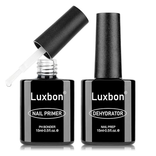 Luxbon 2 pcs 15ml Nail Primer & Nail Dehydrator Set - longue durée, finition brillante, UV LED Soak Off Gel Nail Prep Set Manucure