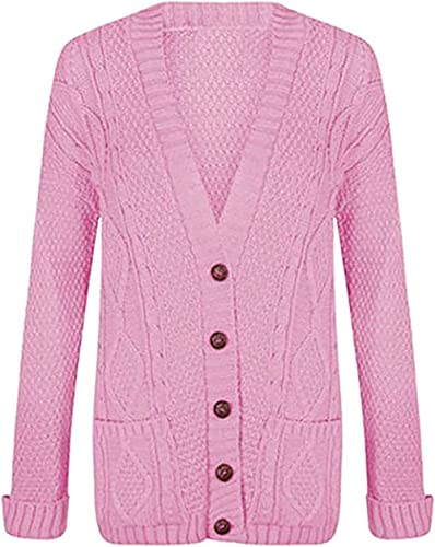 Purple Hanger New Women’s Ladies Long Sleeve Button, Front Pocket Chunky Aran Cable Knit Grandad Cardigan, Sweater Plus Size (12-14, Baby Pink)