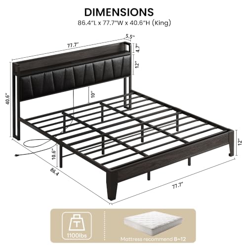 Image of LIKIMIO King Bed Frame, PU Leather Storage Headboard with Charging Station, Solid and Stable, Noise Free, No Box Spring Needed, Easy Assembly, Black