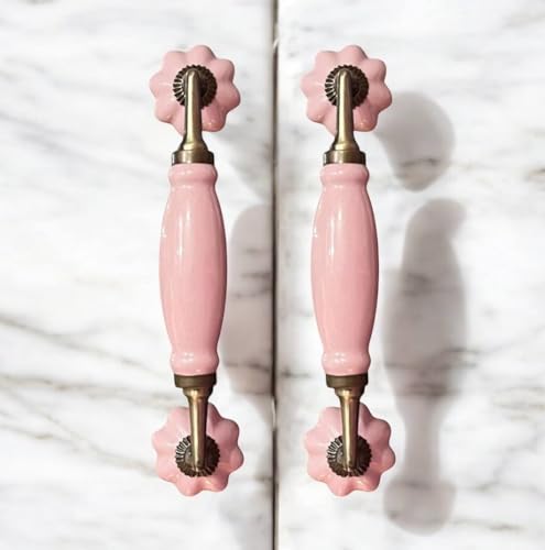 Image of Maison Belle Ceramic Door Handle Gold Antique Finish - Hole to Hole 6.5 INCH (Pack of 1 Handle) (Pink - Size 8.5 INCH)