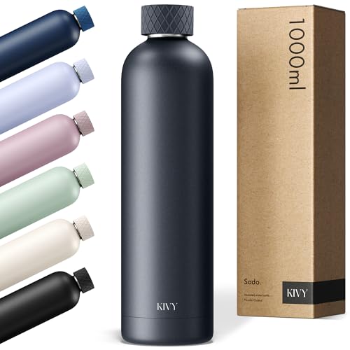 KIVY Isolierte Trinkflasche 1l Edelstahl - Auslaufsichere Thermosflasche 1l - Kohlensäure geeignet - Trinkflasche isoliert - Metall Flasche Edelstahl - Wasserflasche Schwarz - Doppelwandig