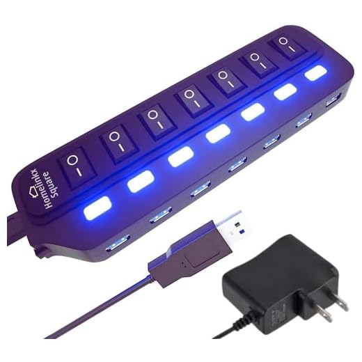 USB HUB 3.0 Powered Splitter - Homelinkx Square - External 7 Port High Speed Hub Splitter with 5V/2A Power Adapter and Individual On/Off Switch for PC Laptop Desktop