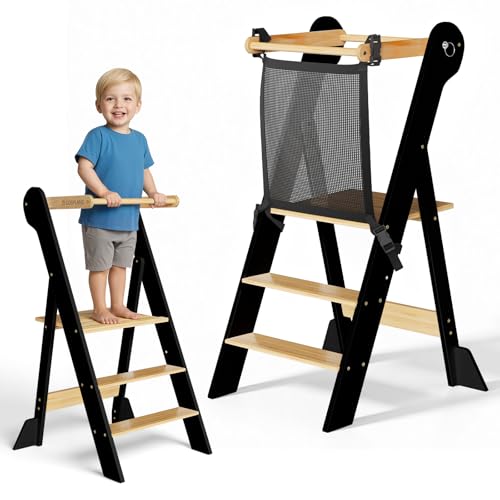 COSYLAND Tour d’Observation Montessori Enfant Pliable – Tour d’Apprentissage Bébé Réglable en Hauteur, Chaise d’Apprentissage en Bois à Partir de 1 an, Kitchen Helper – Noir + Naturel