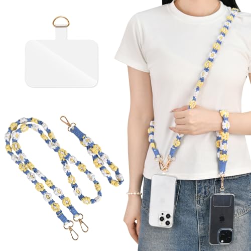 [akoyo] スマホショルダー スマホストラップ 手首 斜めがけ 首掛け 肩掛け 全機種対応 花柄 手作り 編み込み スマホストラップ スマホ ショルダー フラワー手編み 花 花柄 メタルバックル ストラップ 携帯ストラップ 長さ調節可能（ブルー）