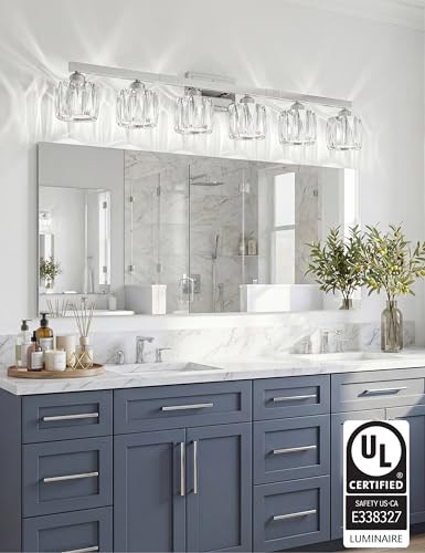 Image of VOLISUN Crystal Vanity Lights for Bathroom, 6 Light Bathroom Vanity Light, Modern Stainless Steel Bathrooms Lights Over Mirror, Chrome Bathrooms Lights Fixtures-UL Certificated(Exclude Bulb)