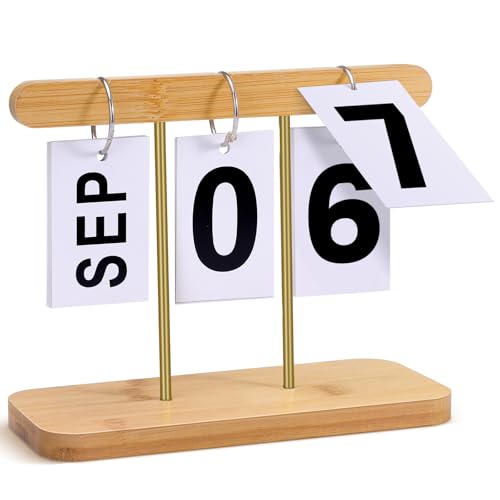 Calendrier perpétuel à rabat en bois et métal, réutilisable, compte à rebours pour bureau, maison, salle de classe (beige)