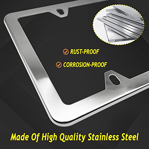 Zxfoog License Plate Frames, Stainless Steel Car Tag Covers- 2 Pack Mirror Polished Gloss Silver Front Rear Holder With Chrome Screw Caps, Rattle Proof Pads #TOP1