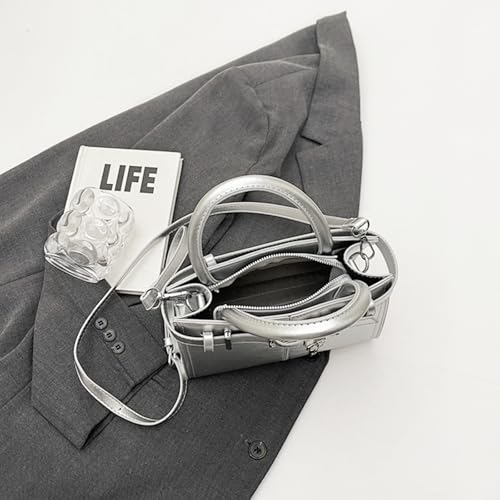 Bolso de cuero Tote para mujer con bandolera plateado miniatura 5
