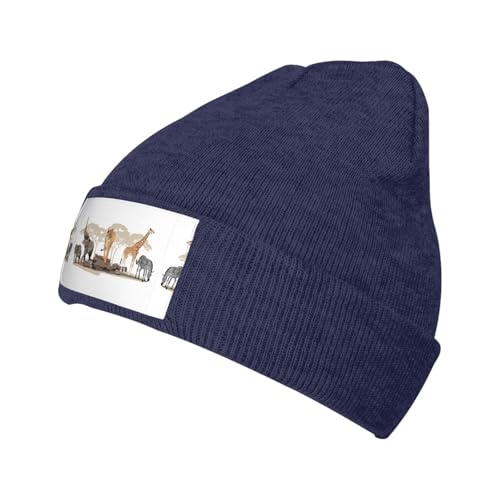 Migpkd Gorro unisex con diseño de jirafa, león, elefante, cebra, para hombre y mujer, gorro de punto de invierno, gorro cálido con puños, a la moda, azul marino, Talla única