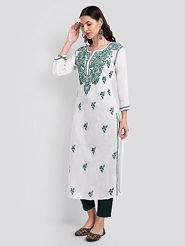 Image of Seva Chikan Hand Embroidered Lucknowi Chikankari Regular Straight Cotton Kurta Kurti for Women SCL4243