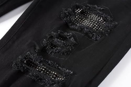 Generic Black Mens Crystals Patchwork Jeans Skinny Stretch Slim Distressed Ripped Rhinestone Stacked Knee Holes Pant4