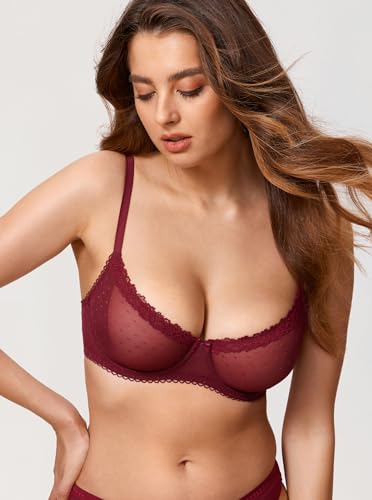 Image of DOBREVA Women's Sheer Mesh Demi Bra Underwire Balconette | Dotted Mesh, Lace Trim, See Through, Plus Size, Smooth, Soft