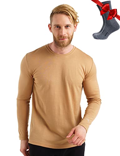 Merino.tech Maillot de base en laine mérinos - 100 % laine mérinos pour homme, léger, poids moyen, lourd, 165 Camel, Taille M Cover
