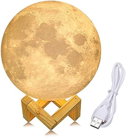 YSBER 3D Printed Moon Lamp, Touch Control, Stepless Dimmable, Baby Nursery, Desk, Bedroom, Home Decor 7.9 Inch White/Yellow