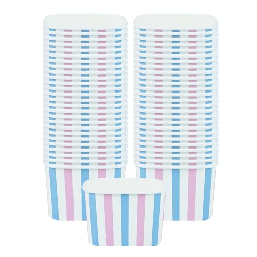 Image of Restaurantware Paper Cups 50 Count 12 Ounce Square Disposable Ice Cream Containers, Leak-Resistant Paper Dessert To Go Cups, Hot And Cold Food, Durable Pink And Blue Stripe Design