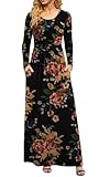 DB MOON Women Casual Long Sleeve Maxi Dresses Empire Waist Long Dress with Pockets Brown Floral Black L