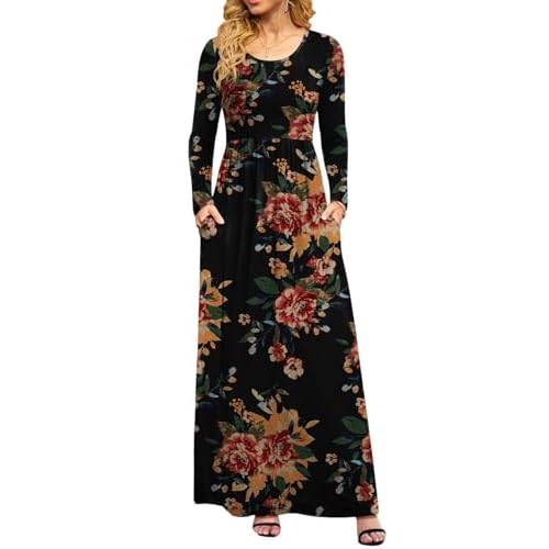 DB MOON Women Casual Long Sleeve Maxi Dresses Empire Waist Long Dress with Pockets