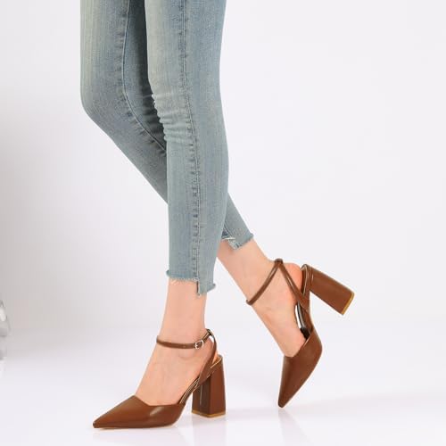 Image of RIBONGZ Block Heels for Women Closed Pointed Toe Heeled Slingback Chunky High Heel Ankle Strap Pumps Patent Leather Comfort Dressy Shoes for Work Party Prom Wedding Bridal Dress