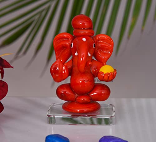 Kaka jiji Handicraft Crystal Red Ganesha Statue with ladoo for Home Temple Decoration I Ganesh Idol for car Dashboard I Ganesha Statue I Ganesh ji murti I Ganesh Idol (Red)