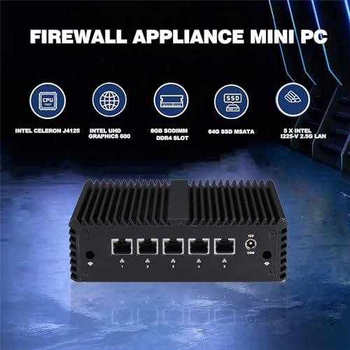 Image of Firewall Mini PC J4125, Fanless PC with Celeron J4125, 8G DDR4 RAM 64G SSD, 5 Intel I225-V 2.5G LAN, K4125L5 Mini Router Server Firewall Appliance, Support AES-NI