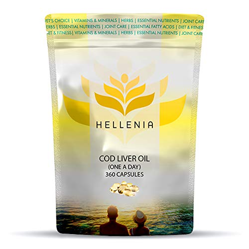 Hellenia Cod Liver Oil Capsules 550mg | 360 Fish Oil Capsules - One Year Supply | Rich Source of Omega 3 Essential Fatty Acids